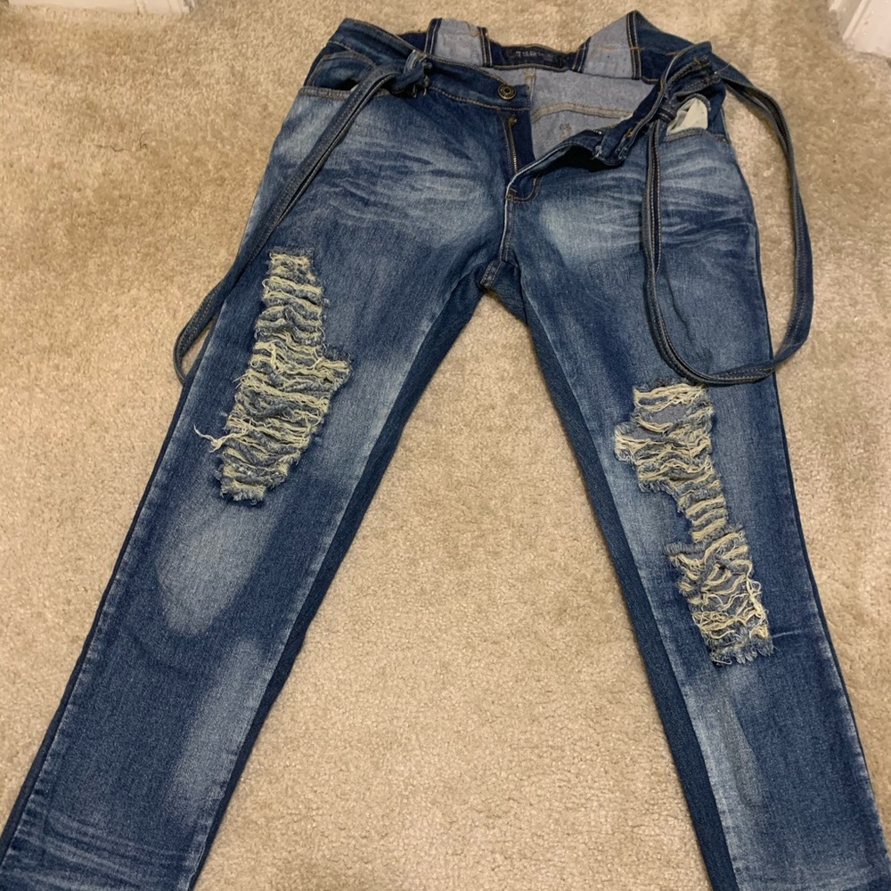 Denim distressed overalls